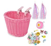 Flintronic Panier de Guidon de Vélo pour Enfants - Tricotage à la Main pour Filles et Garçons - Avec Sonnette, 2 Rubans Gland et 30 Autocollants Mignons