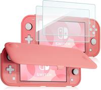 Flip Case + 2 Screen Protectors for Nintendo Switch Lite 2019,Shockproof Protective Flip Cover,Detachable Casing,Tempered Glass Easy Install,Minimalist and Pretty Sober-Coral