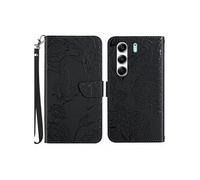 Flip Etui Pour Tecno Camon 40 Pro 5G Avec Sangle De Poignet Fleurs Et Papillons Couverture En Cuir PU Protection Anti-chute Etui En Cuir Antichoc