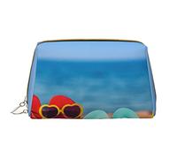 Flip-Flops On A Sandy Beach Trousse à maquillage en cuir pour femme Sac à main mignon Organiseur de toilette Trousse de maquillage de voyage, Tongs sur une plage de sable, Taille unique