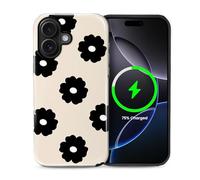 Flivro Coque magnétique pour iPhone 16, compatible avec Magsafe PC, coque rigide en silicone, pare-chocs intérieur anti-rayures, coque intégrale antichoc design simple fleurs noires