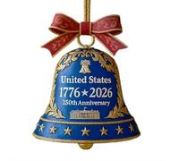 FLKWOP Cloche décorative pour 250e anniversaire des États-Unis - Décoration commémorative 3D rouge et dorée à suspendre, sonnette élégante pour fêtes patriotiques, arbre de Noël, cadeau de