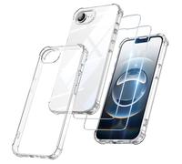 FLLAO 3 en 1 Coque pour iPhone 16e avec 2 Verre Trempé, [Coussin d'air Intégré] Antichoc Antirayures Souple Gel TPU Bumper Protection Clear Housse, Transparent