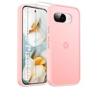 FLLAO Coque mate compatible avec Google Pixel 9A 5G avec 2 verre trempé, protection de l'appareil photo, antichute antichoc anti-rayures anti-empreintes dur PC givré étui rose