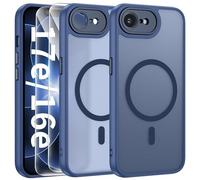 FLLAO Magnétique Coque iPhone 16e / 17e avec 2 Verre Trempé, Compatible avec MagSafe, Protection d'objectif Tout Compris, Etui Mat Arrière Housse Antichoc Case iPhone 16e / 17e 6.1", Bleu Orage