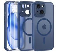 FLLAO Magnétique Coque pour iPhone 15 avec 2 Verre Trempé, Compatible avec MagSafe, Protection d'objectif Tout Compris, Etui Mat Arrière Housse Fine Antichoc Case iPhone 15 6.1", Bleu Orage