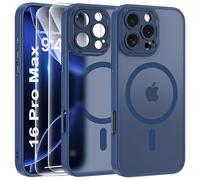 FLLAO Magnétique Coque pour iPhone 16 Pro Max avec 2 Verre Trempé, Compatible avec MagSafe, Protection d'objectif Tout Compris, Etui Mat Arrière Housse Fine Antichoc Case 16 Pro Max, Bleu Orage