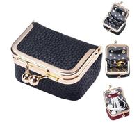 FLLUOUZH Mini Boîte à Bijoux en Cuir Véritable - étui de Voyage Portable pour Femmes, Porte-Monnaie D'inspiration Vintage Avec Fermoir à Baiser, Rangement pour Bagues, Boucles D'oreilles (Noir)