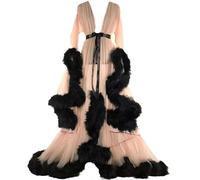 FloAPa Femmes See-Through Sexy Plumes Robe en Dentelle Plume Kimono Robe Longue Lingerie Dentelle Chemise De Nuit Robe De Mariée Maille Col en V Plume Robe,003,One Size