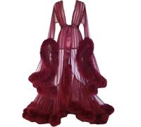 FloAPa Robe De Chambre Kimono en Tulle pour Femme Voir À Travers La Plume Robe Chemise De Nuit Robe De Mariée Maille Col en V Plume Garniture Tulle Robe,005,M