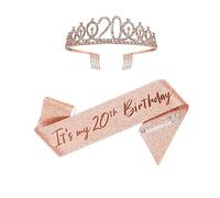 Floatdream 20 Ans Couronne Anniversaire Echarpe, 20e Anniversaire Ceinture et Diadème pour Filles, Kit d’Accessoires Anniversaire, Pour la Décoration de Fête D'anniversaire