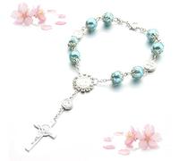 Floatdream Bracelet Catholique, Bracelet Croix Perle, Bracelet Croix, pour Anniversaires, Confirmations, Communions, Baptêmes, Fêtes (Bleu)