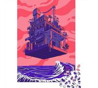 Floating Grocer Building Over Ocean Waves Nouvel an Puzzle en Bois