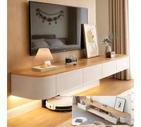 Floating TV Stand Wall Mounted TV Cabinet Modern TV Media Console Center 47-118 in Wall Mounted Media Console TV Stand with Door Large Storage for Living Room Bedroom(Wood White LED,110.2IN)
