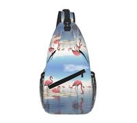 Flock Of Flamingos On The Beach Sac à bandoulière unisexe avec plusieurs poches, grande capacité, en polyester durable, sangle réglable pour les trajets quotidiens et les voyages