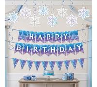 flocons de neige anniversaire bannière hiver guirlande | Bannière flocon neige et guirlande hivernale pour accessoires de fête anniversaire et baby shower en royaume merveilleux