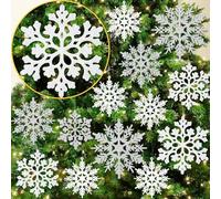 Flocons de neige de Noël blancs et argentés à suspendre en plastique à paillettes pour sapin de Noël, pays des merveilles d'hiver, reine des neiges, anniversaire, fête, vacances, décoration