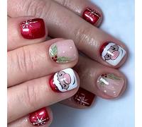 Flocons de neige Faux Ongles Père Noël Faux Ongles de Noël Press On Nails Courts Carrés Couvrants Complètes Coller sur Ongles