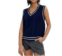 Flodxo Débardeurs en laine pour femme - Vintage - Sans manches - Pull tricoté - Classique - Rayé - Décontracté - Ample - Gilet court élégant à col en V - Camisole en tricot, bleu marine, XL