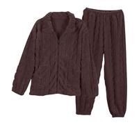 Flodxo Ensemble de pyjama moelleux 2 pièces en polaire pour femme - Chaud et confortable - Veste zippée sur toute la longueur - Haut et pantalon à taille élastique - Vêtements de nuit, marron, L