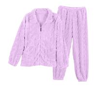 Flodxo Ensemble de pyjama moelleux 2 pièces en polaire pour femme - Chaud et confortable - Veste zippée sur toute la longueur - Haut et pantalon à taille élastique - Vêtements de nuit, violet, XL