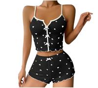 Flodxo Ensemble de pyjama sexy pour femme 2 pièces avec haut court et short côtelé, caraco doux, vêtements de nuit, Noir 21, 3XL
