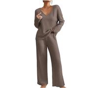 Flodxo Ensemble de survêtement complet pour femme 2 pièces Ensemble coordonné Pyjamas pour dames Vêtements de détente Ensembles tricotés côtelés Manches longues Col en V Pull Sweatshirt Pantalon de