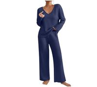 Flodxo Ensemble de survêtement complet pour femme 2 pièces - Ensemble coordonné - Pyjamas pour femme - Vêtements d'intérieur - Tricot côtelé - Manches longues - Col en V - Pull - Pantalon de jogging