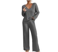 Flodxo Ensemble de survêtement coordonné pour femme Ensemble complet 2 pièces Pyjamas pour dames Ensemble de vêtements d'intérieur en maille côtelée Manches longues Col en V Pull Legging large pour