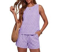 Flodxo Ensemble short d'été 2 pièces pour femme - Tenue habillée et décontractée - Ensemble complet de pyjama vichy - Ensemble de vêtements de détente - Costume assorti sans manches - Débardeurs et