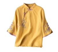 Flodxo Haut à manches 3/4 pour femme - Chemise d'été élégante en lin - Grande taille - Chemisier décontracté pour femme - Tunique vintage brodée - Cheongsam Hanfu - Costume traditionnel chinois - Haut