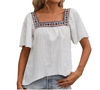 Flodxo Haut bohème pour femme - Chemises d'été bohème brodées élégantes et décontractées - Col carré - T-shirt mexicain à manches courtes - Style hippie paysan - Tunique mignonne - Pull de vacances au