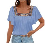 Flodxo Haut bohème pour femme - Chemises d'été bohème brodées élégantes et décontractées - Col carré - T-shirt mexicain à manches courtes - Style hippie paysan - Tunique mignonne - Pull de vacances au