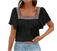 Flodxo Haut bohème pour femme - Chemises d'été bohème brodées élégantes et décontractées - Col carré - T-shirt mexicain à manches courtes - Style hippie paysan - Tunique mignonne - Pull de vacances au