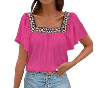 Flodxo Haut bohème pour femme - Chemises d'été bohème brodées élégantes et décontractées - Col carré - T-shirt mexicain à manches courtes - Style hippie paysan - Tunique mignonne - Pull de vacances au