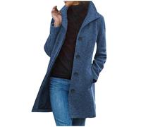 Flodxo Manteau d'hiver en laine pour femme - Trench à simple boutonnage - Col montant - Manteau mi-long ouvert sur le devant avec boutons - Haut à manches longues, bleu, L