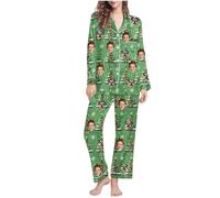 Flodxo Pyjama de Noël personnalisé avec photo de visage pour femmes et hommes, ensemble de pyjama fantaisie personnalisé grande taille, imprimé de Noël, créez votre propre ensemble de pyjama, festival