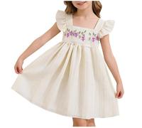 Flodxo Robe à volants pour fille - Robe trapèze sans manches - Style décontracté et élégant - Motif floral brodé - Robe d'été vintage plissée - Pour les vacances, la plage, Beige 57, 1-2 ans