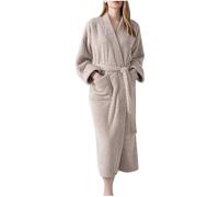 Flodxo Robe de chambre pour femme en polaire légère et moelleuse - Robe de nuit épaisse à manches longues - Chaud et confortable - Vêtement de nuit doux - Avec ceinture, beige, L