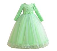 Flodxo Robe de princesse élégante à manches longues avec nœud en tulle et dentelle brodée pour fille, pour fête d'anniversaire, mariage, demoiselle d'honneur, première communion, Vert, 7-8 ans