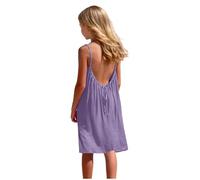 Flodxo Robe d'été fluide à bretelles spaghetti pour fille, robe d'été fluide sans manches, dos nu, robe caraco style bohème, élégante, décontractée, robe midi avec nœud dans le dos, violet, 7-8 ans