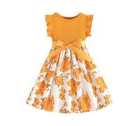 Flodxo Robe florale pour fille - Robe d'été à volants sans manches - Robe de princesse trapèze fluide en coton - Élégante et décontractée - Robe d'été à col rond - Robe de fête rétro, jaune, 7-8 ans