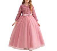 Flodxo Robe longue de princesse élégante à paillettes avec col en V et manches longues pour mariage, demoiselle d'honneur, première communion, concours de beauté, anniversaire, bal, carnaval, Noël