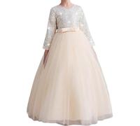 Flodxo Robe longue de princesse élégante à paillettes avec col en V et manches longues pour mariage, demoiselle d'honneur, première communion, concours de beauté, anniversaire, bal, carnaval, Noël