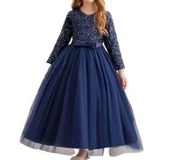 Flodxo Robe longue de princesse élégante à paillettes avec col en V et manches longues pour mariage, demoiselle d'honneur, première communion, concours de beauté, anniversaire, bal, carnaval, Noël