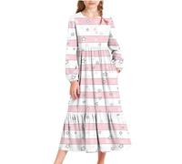 Flodxo Robe longue décontractée à manches lanternes et col rond pour enfants - Robe trapèze - Robe de fête festive pour enfants - Imprimé cœur - Tenue de festival, Rose 4., 14-15 ans
