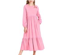 Flodxo Robe longue décontractée à manches longues et col rond pour fille - Manches lanterne - Robe trapèze - Robe de fête plissée unie avec poches, rose, 4-5 ans