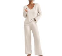 Flodxo Survêtement complet 2 pièces Co Ord pour femme Ensemble de pyjama en tricot côtelé à manches longues Col en V Pull Jambe large Jogging Tenue d'intérieur Yoga Survêtement, beige, L