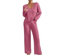 Flodxo Survêtement complet 2 pièces Co Ord pour femme Ensemble de pyjama en tricot côtelé à manches longues Col en V Pull Jambe large Jogging Tenue d'intérieur Yoga Survêtement, Rose vif 01, M