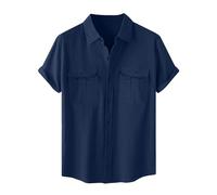 Flodxo T-shirts pour homme en lin à manches courtes - Coupe régulière - Hauts d'été décontractés - Couleur unie - En coton et lin - Double poche - Chemises hawaïennes de plage pour homme, Bleu marine